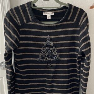 Coldwater Creek black beige knit long sleeve top with beaded tree. XS 4-6
